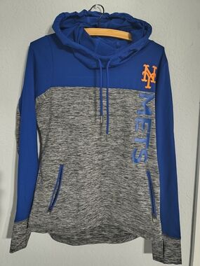 New York Mets Blue & Gray Pullover Funnel Neck Hoodie Sweater Women's M